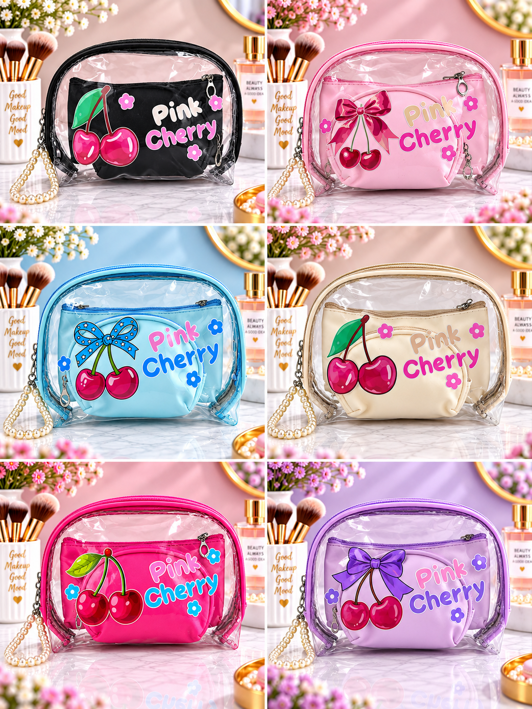 3-in-1 cosmetic organizer pouch, black with pink “Pink Cherry” graphic and clear front